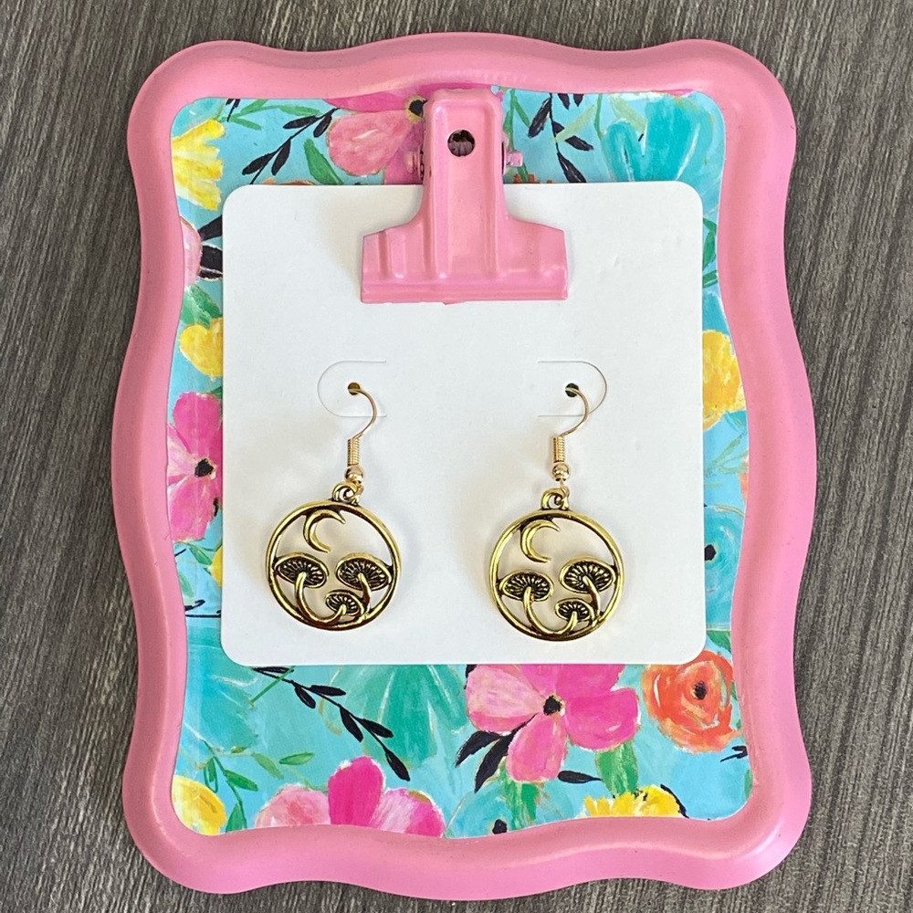Mushroom & Moon Gold Tone Earrings